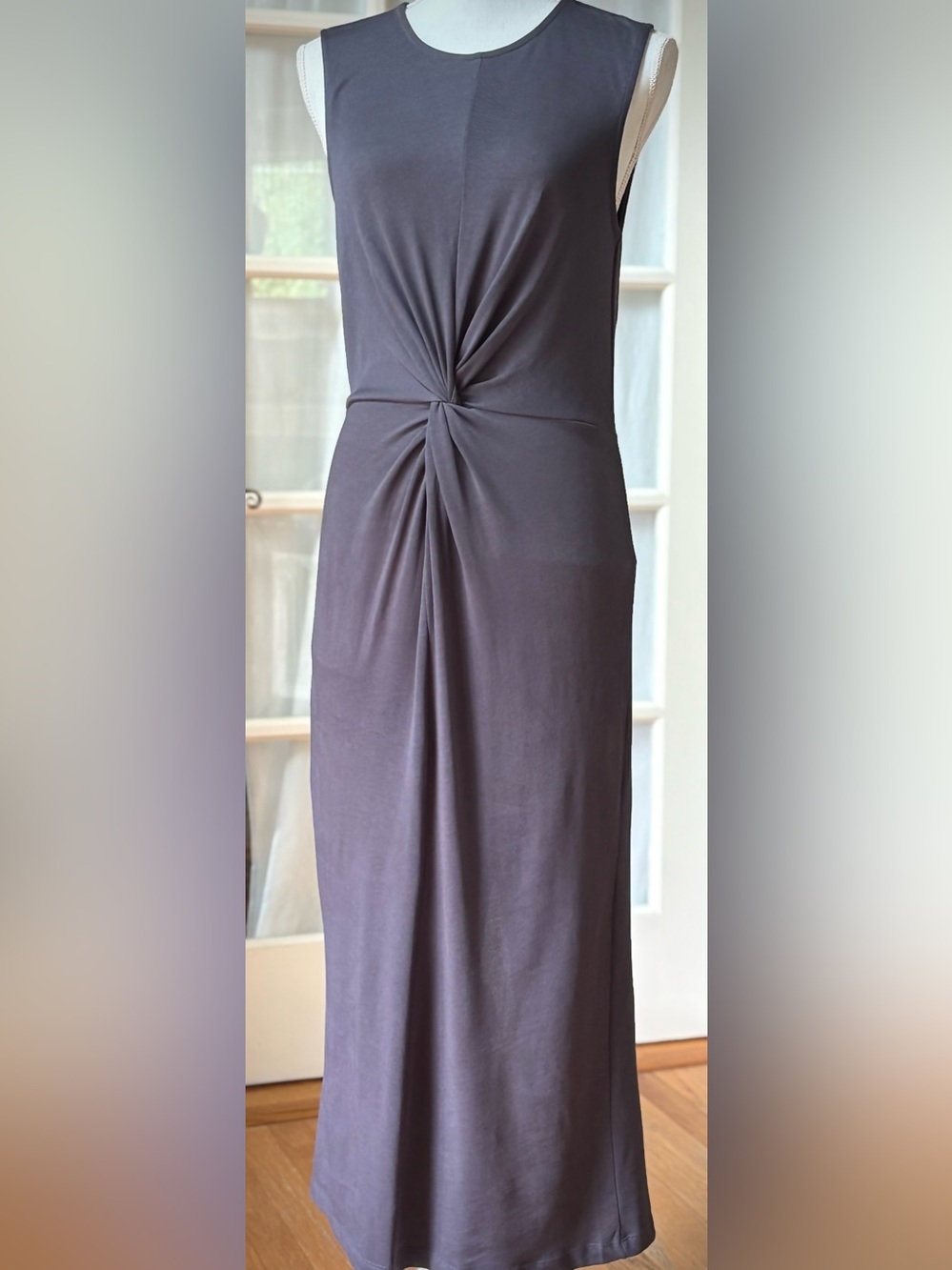 MNG Mango Twist Front Midi Dress Gray Sleeveless Knit Bodycon Size M